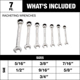 MAXIMUM Ratcheting Wrench Set, SAE, Nickel-Chrome Plating, 7-pc