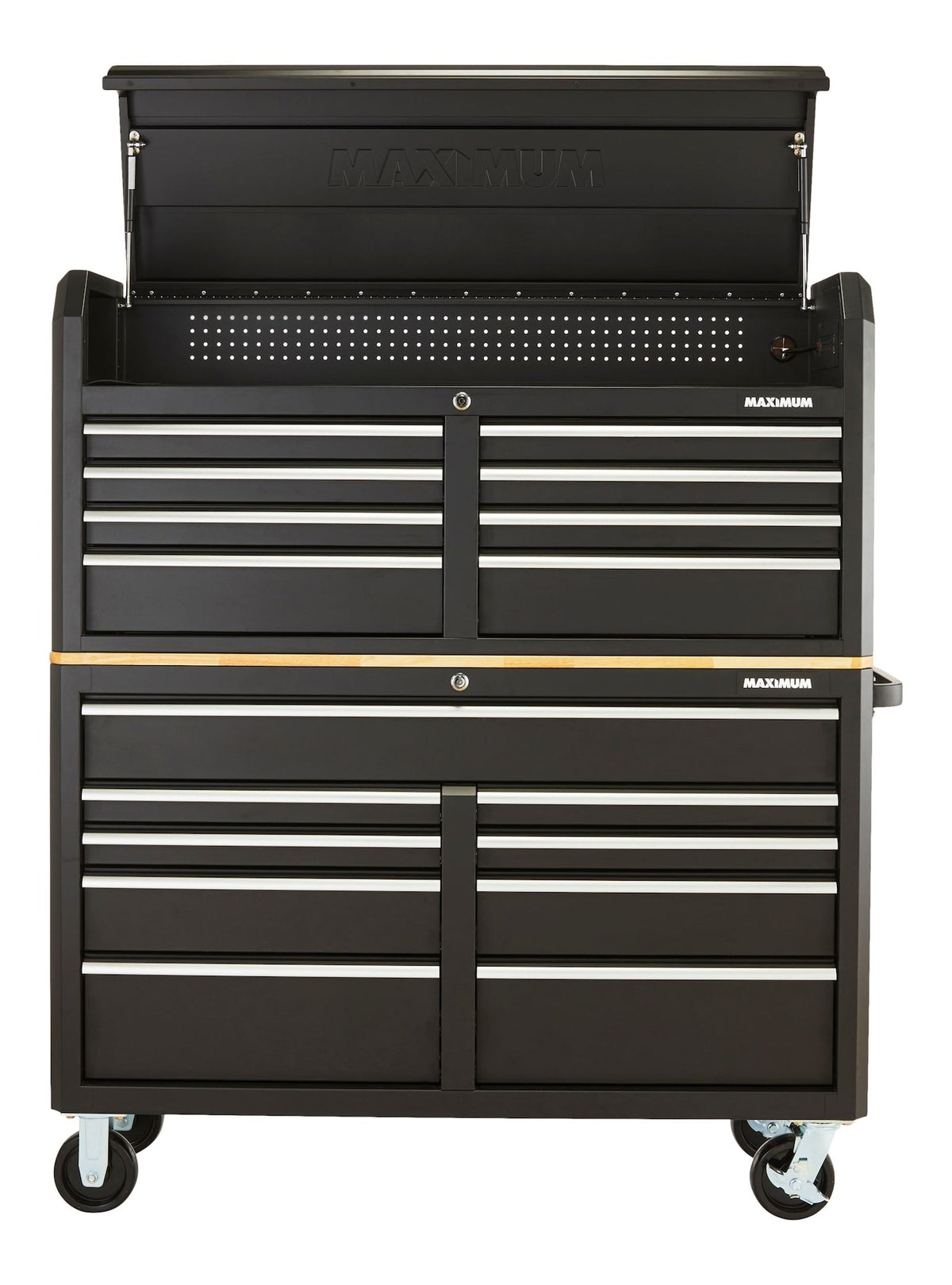 MAXIMUM Tool Storage Cabinet, Built-In Power Bar with USB, 9-Drawer, 56-in, Matte Black