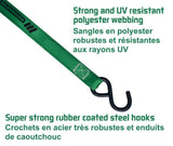 1,500-lb Carbon Ratchet Tie Downs, Weatherproof, 1-in x 14-ft, 4-pk, Green
