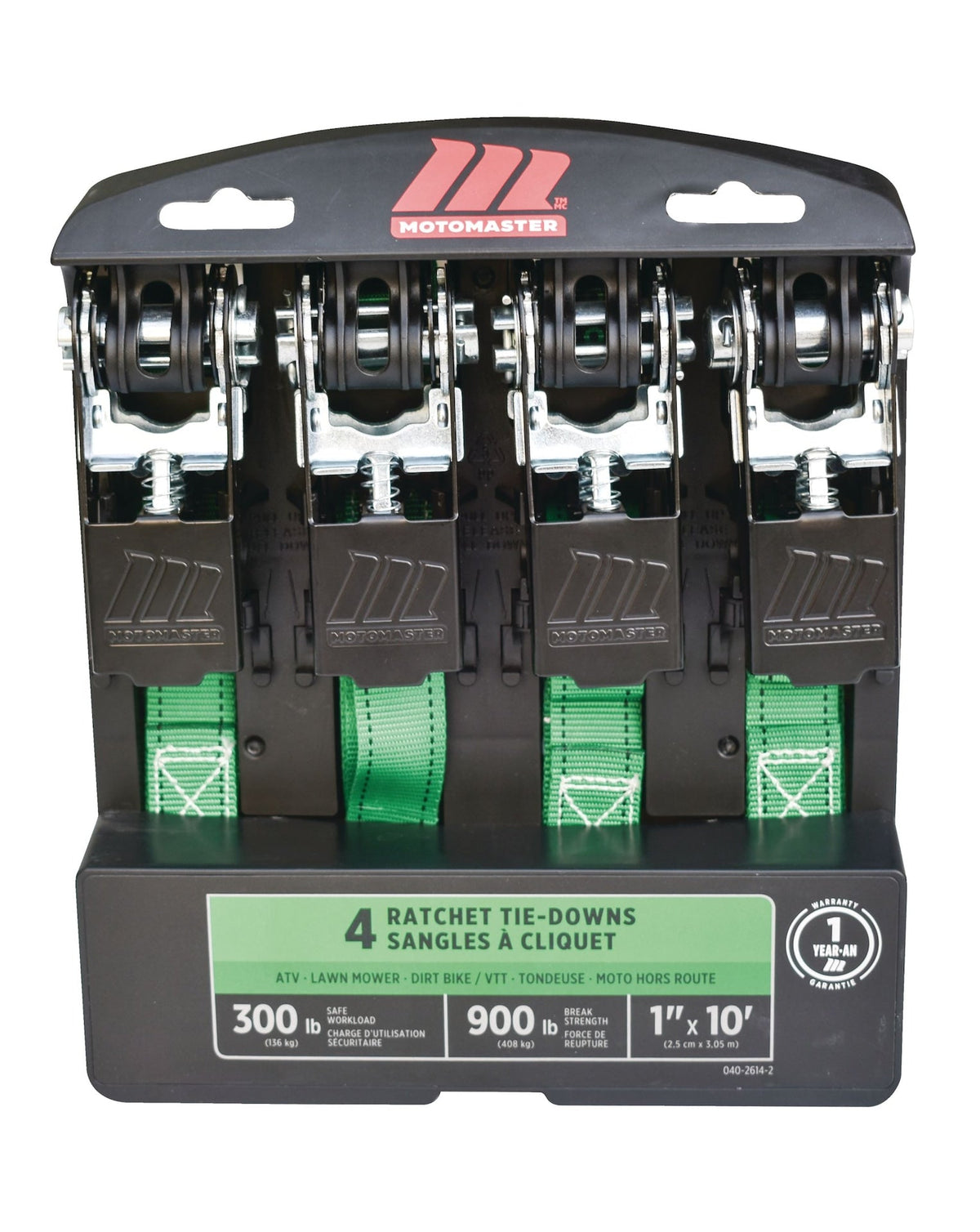 900-lb Ratchet Tie-Down Straps, Non-Padded, 1-in x 10-ft, 4-pk