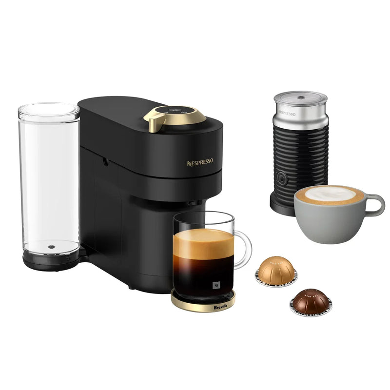 Vertuo Pop+ Deluxe Coffee and Espresso Machine by with Aeroccino with $25 Coffee Credit, Matte Black and Gold X1361