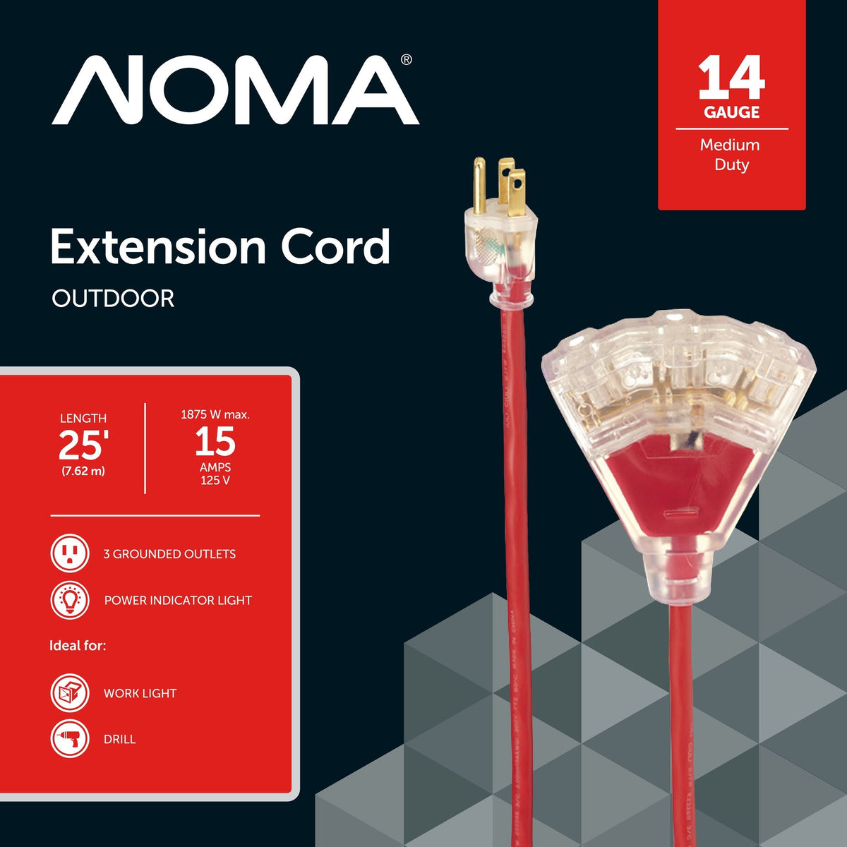 14/3 Outdoor Extension Cord with 3 Grounded Outlets & Lighted End, Red