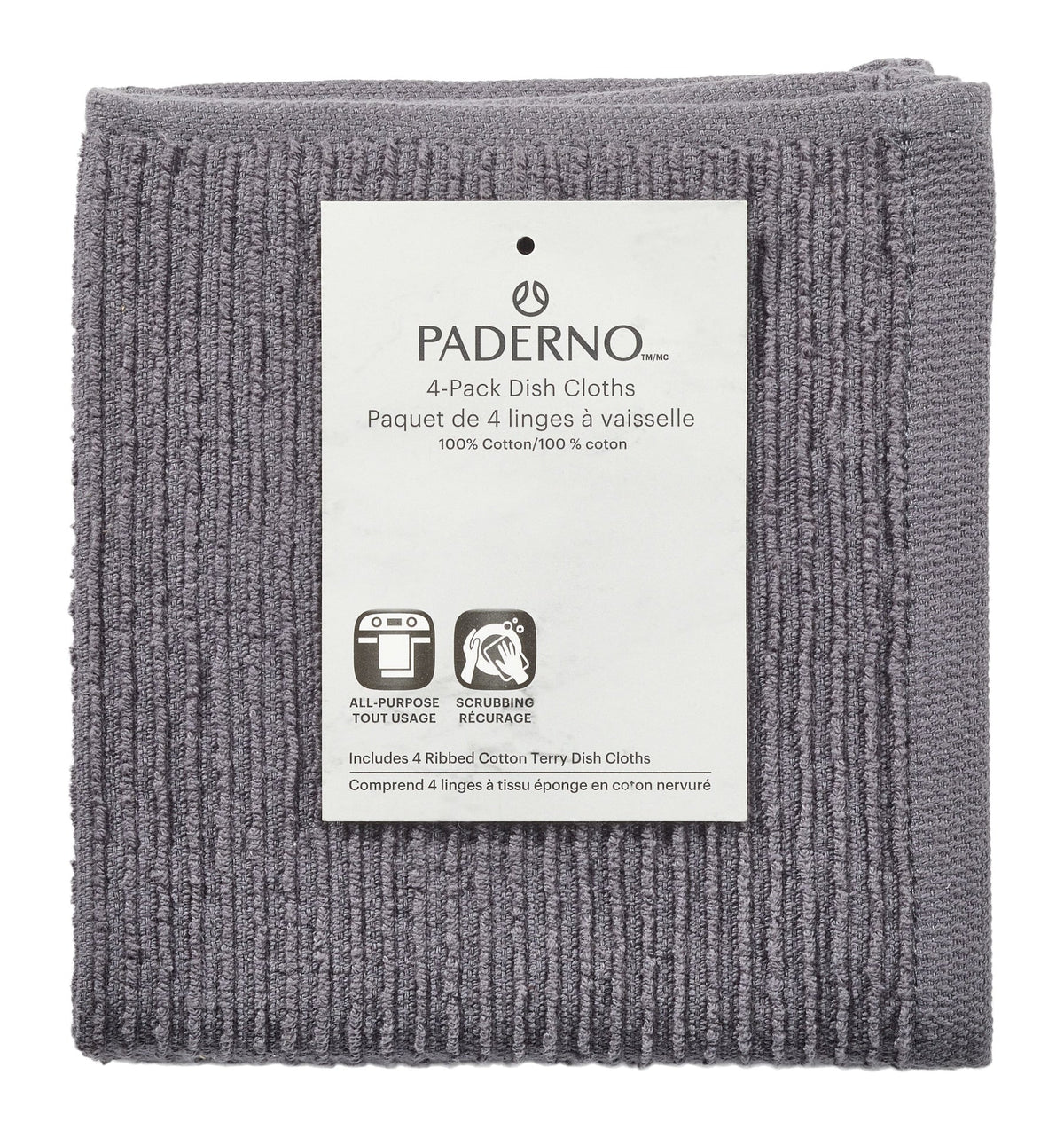 Ribbed Cotton Terry Square Dish Cloths, Charcoal, 4-pk