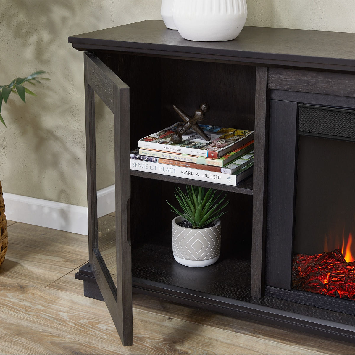 Benjamin Landscape Electric Fireplace TV Stand, 81-in, 1500W, Includes Remote Control, Weathered Wood