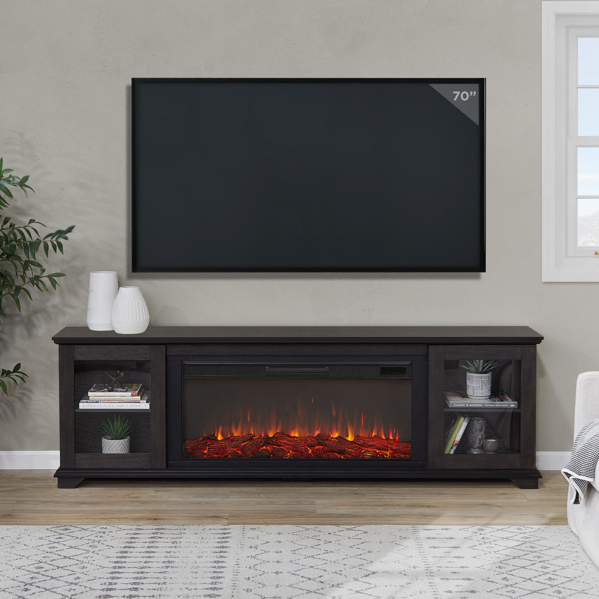 Benjamin Landscape Electric Fireplace TV Stand, 81-in, 1500W, Includes Remote Control, Weathered Wood