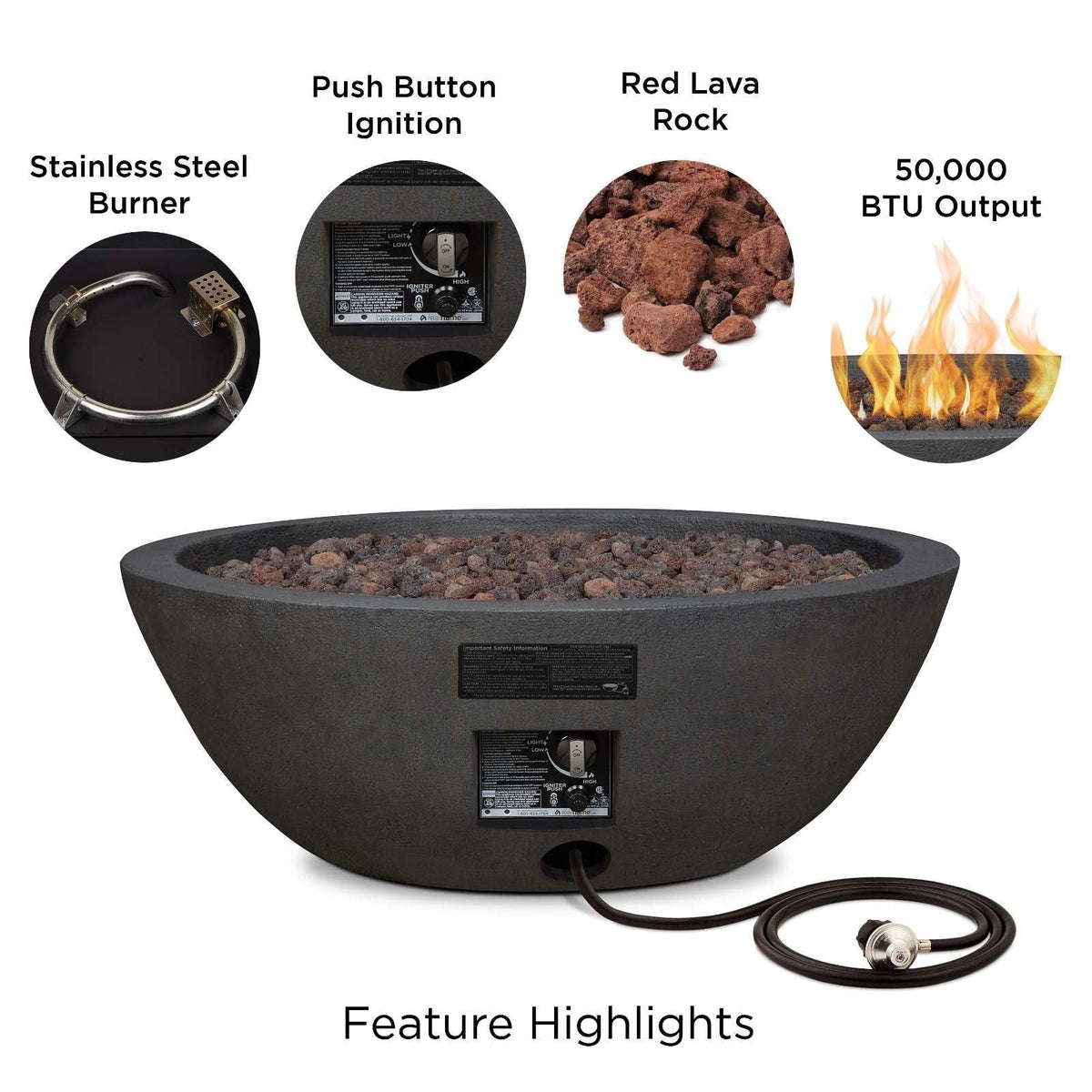 Riverside Round Concrete Gas Fire Pit in Shale, 36-in