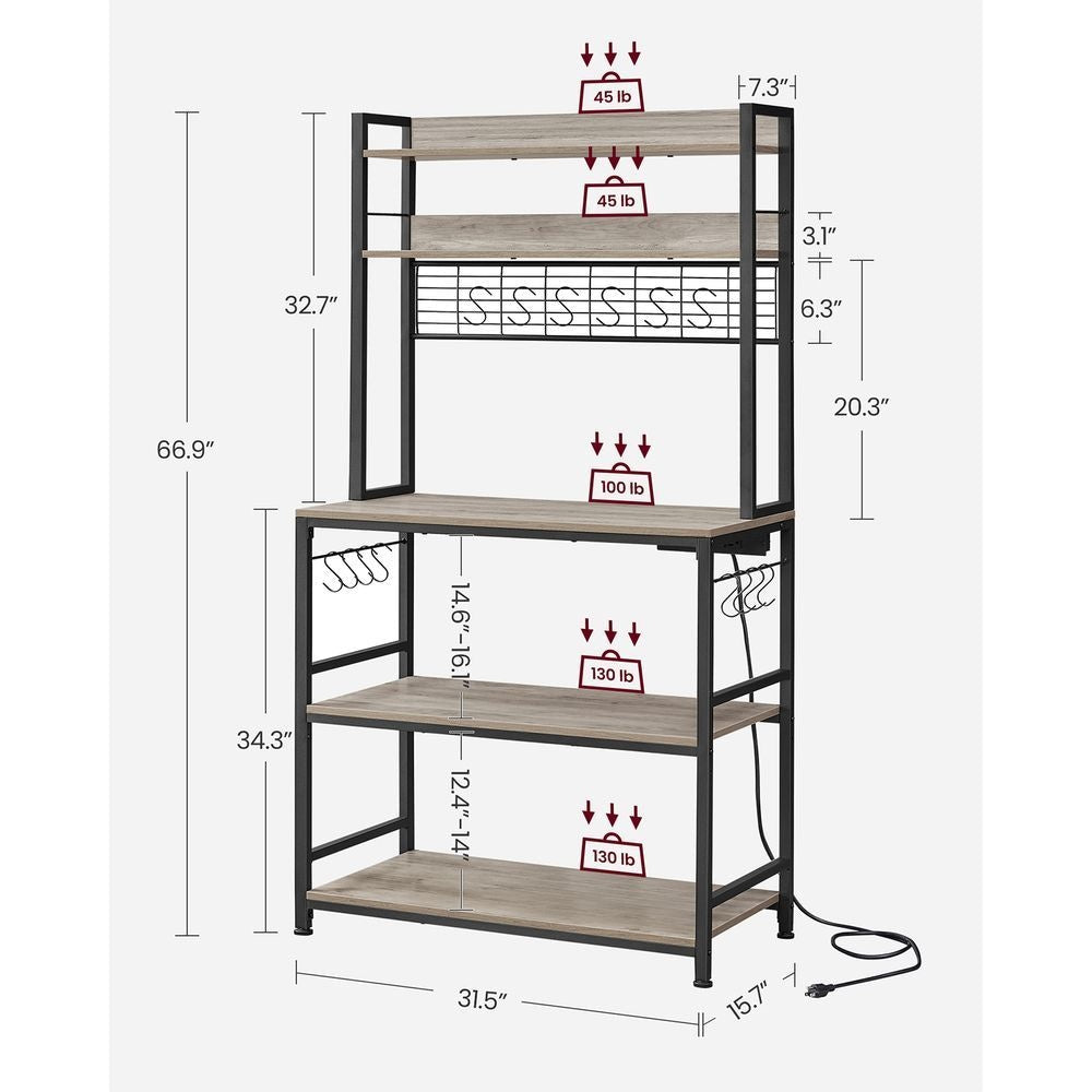 Home 5-Shelf Grey Baker's Rack with 4 AC Outlets