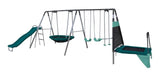 Outdoor Ravine Metal Swing Set Combo, 2 Swings, Glider, Trampoline & Saucer