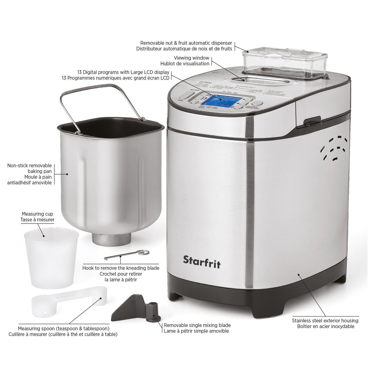 Bread Maker with 12 Digital Functions, Stainless Steel, 2lb