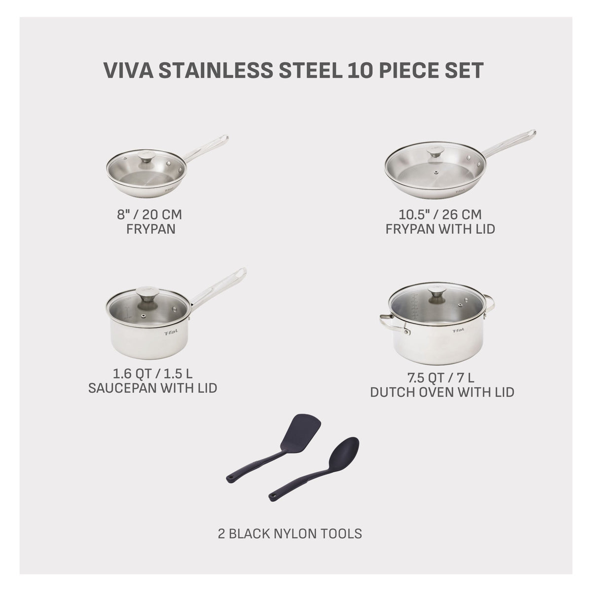 Viva Stainless Steel Cookware Set, Dishwasher & Oven Safe, Pots and Pans Set, 10-pc