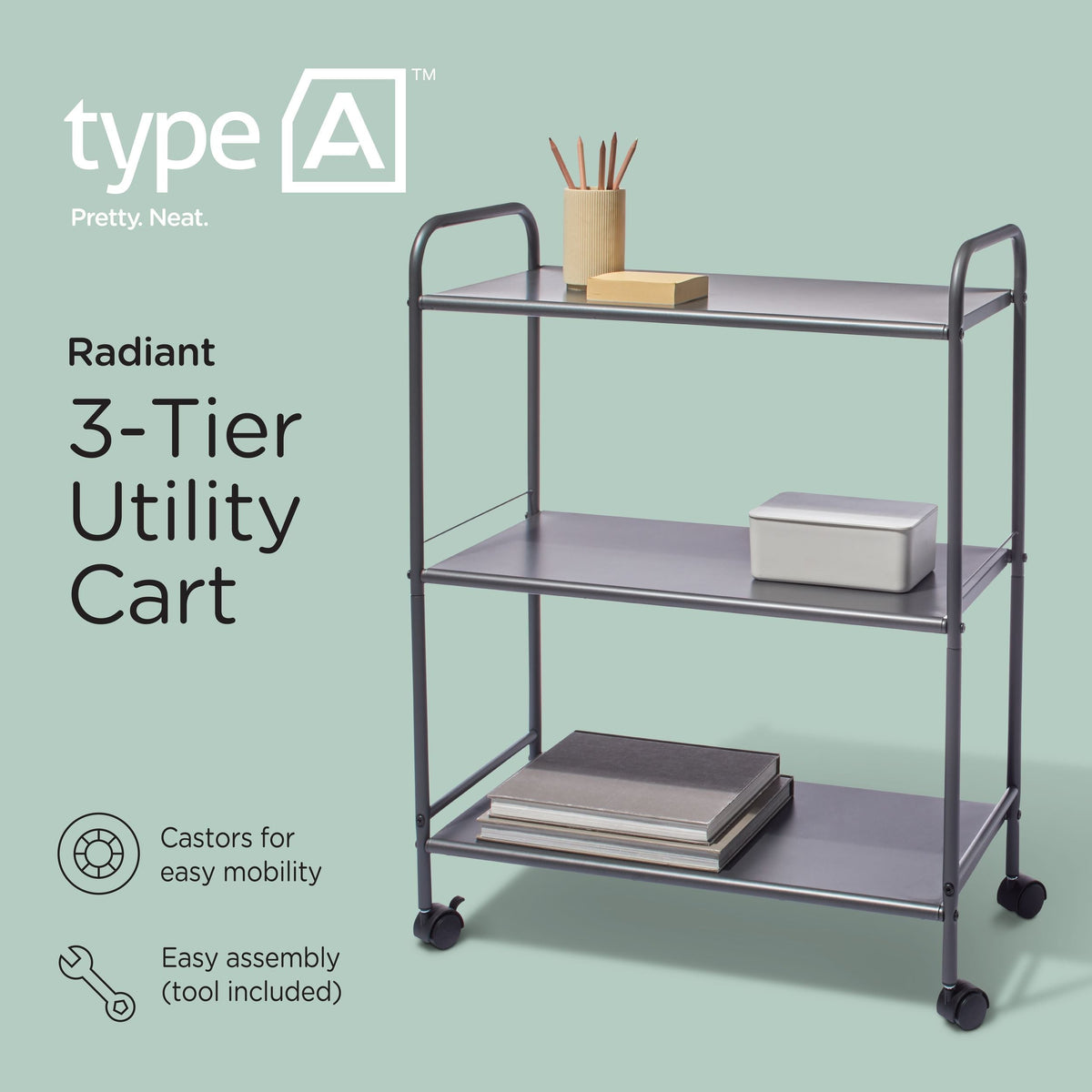 type A Radiant 3-Tier Utility Cart with Wheels, Grey