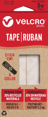 Hook-and-loop Durable Reusable Eco Tape, White, 5-lbs, 3-ft x 0.7-in