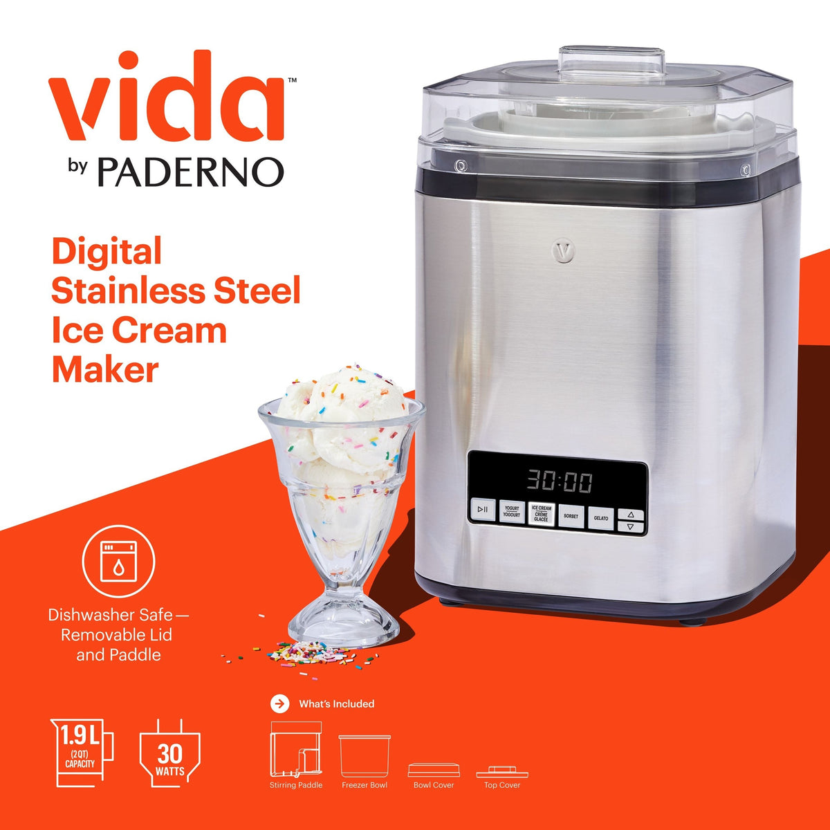 Digital Ice Cream Maker, 4-in-1 Ice Cream & Frozen Treat Maker, Stainless Steel, 1.9-L