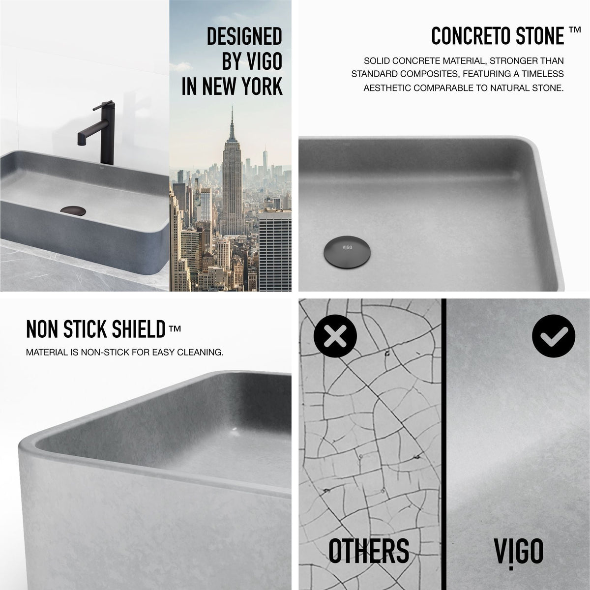 Basilica Gothic Grey Bathroom Sink/Basin Set with Sterling Faucet and Rectangular Vessel