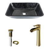 Glass Grey Onyx Bathroom Sink/Basin Set with Matte Gold Niko Faucet and Rectangular Vessel