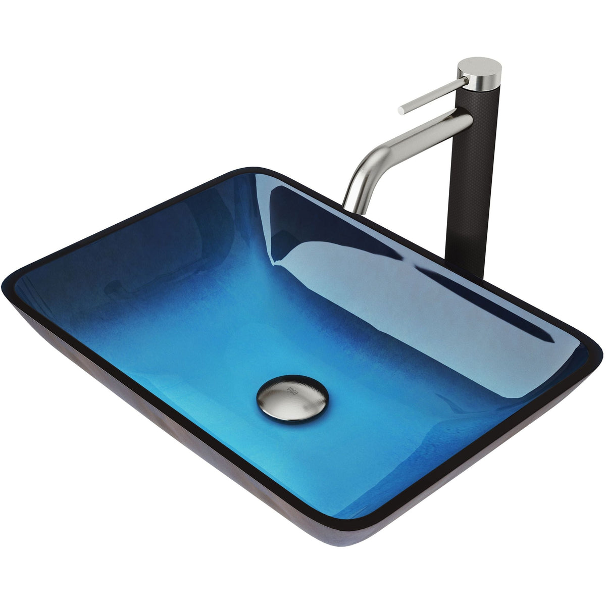 Glass Turquoise Water Bathroom Sink/Basin Set with Lexington Faucet and Rectangular Vessel