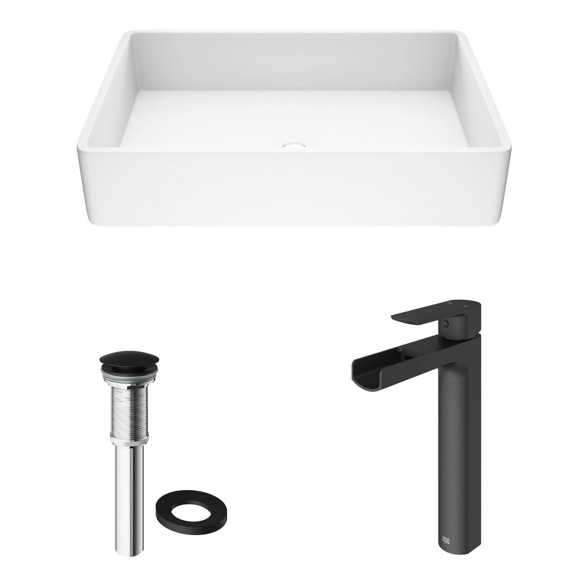 Magnolia White Bathroom Sink/Basin Set with Amada Faucet and Rectangular Composite Vessel