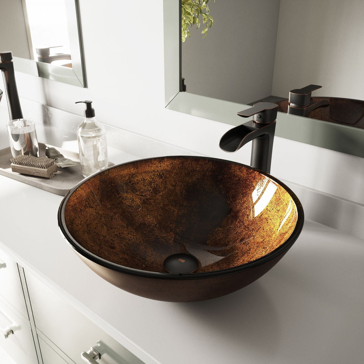 Round Glass Vessel Bathroom Sink/Basin with Deep Bowl, Russet