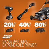 WG934 Power Share 2x20V 2-in-1 Combo Kit, WG779 40V Cordless Mower, 14-in + WG163.9 20V Cordless Grass Trimmer/Edger, 12-in